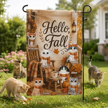 Hello Fall Garden Flag, Personalized Autumn Cat Porch Scene in Warm Orange Tones, Unique Gift for Pet Owners