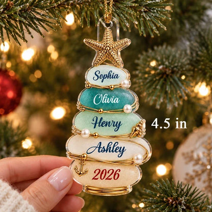 Personalized Acrylic Ornament, Coastal Stone Christmas Tree & Starfish, Unique Family Gift