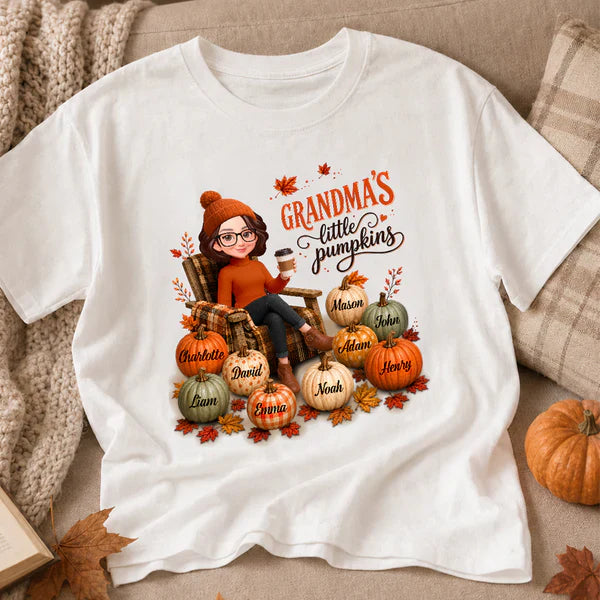 Personalized Classic Tee, Seated Grandma Holding Coffee with Pumpkins, Unique Gift for Grandma