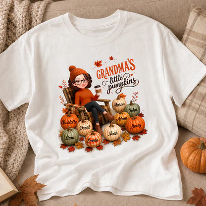 Personalized Classic Tee, Seated Grandma Holding Coffee with Pumpkins, Unique Gift for Grandma