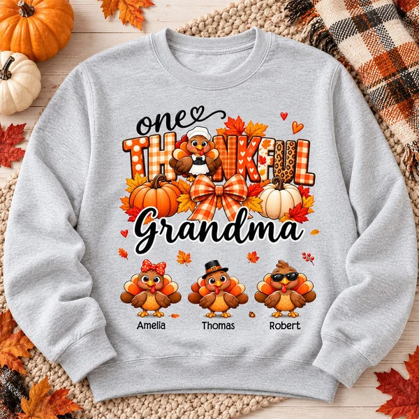 Grandma Sweatshirt with Autumn Turkeys, Pumpkins and Leaves, Personalized Heartwarming Creative Gift for Thanksgiving