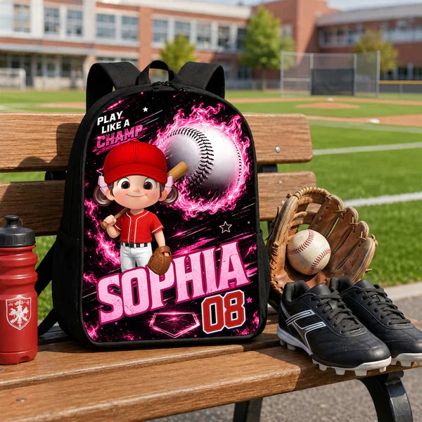 Personalized Kids School Backpack With Baseball Cartoon Player, Unique Back to School Gift for Son or Daughter