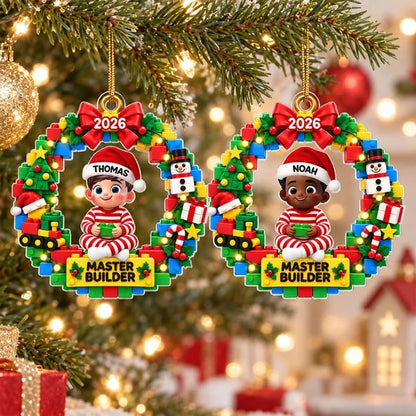 Personalized Acrylic Ornament, Cute Master Builder Child in Festive Wreath, Unique Gift for Kids