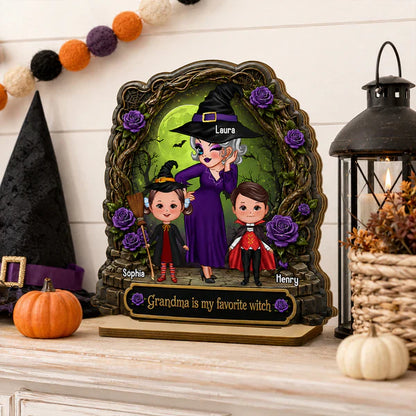 Personalized 2-Layer Wooden Plaque, Witch Grandma with Grandkids, Unique Halloween Gift
