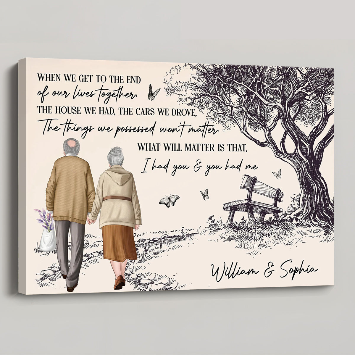 Hand-Drawn Elderly Couple Holding Hands Art Poster or Canvas - Sentimental 'I Had You & You Had Me' Quote, Unique Anniversary Gift