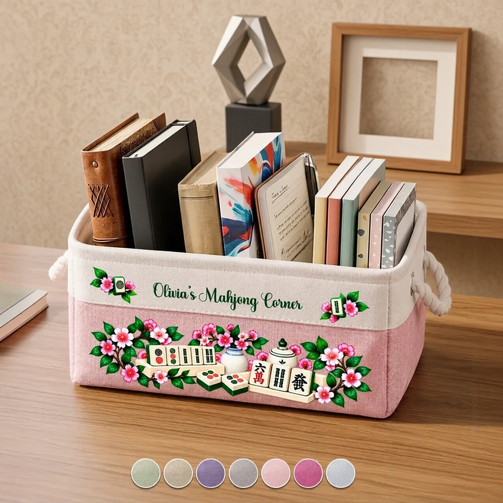 Personalized Rope Basket with Floral Mahjong Art, Warm Neutral Storage and Unique Gift for Players