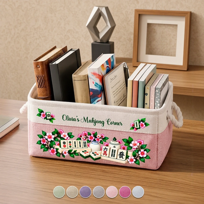 Personalized Rope Basket with Floral Mahjong Art, Warm Neutral Storage and Unique Gift for Players