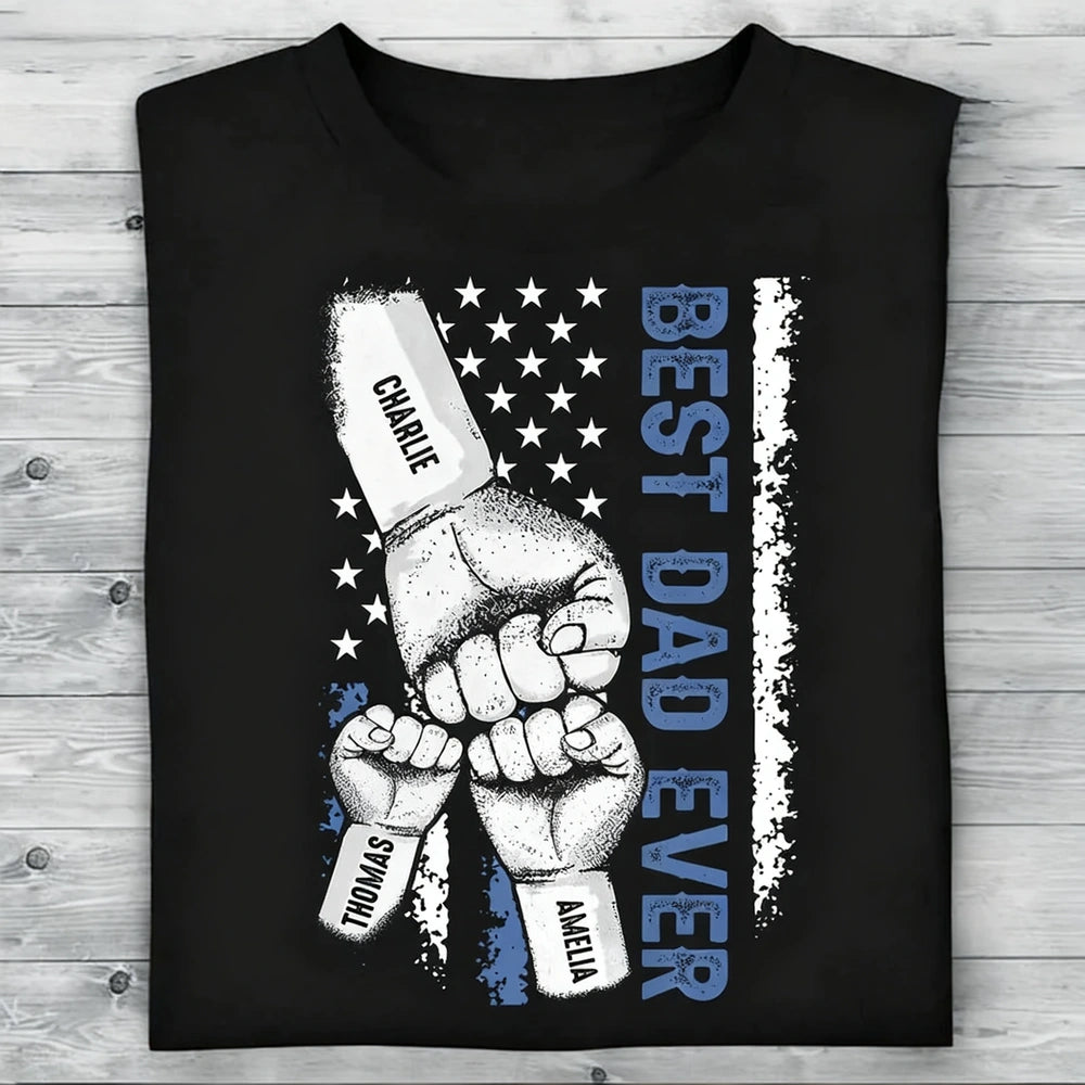 Personalized Classic Tee with Dad & Kids Fist Bump, Flag Style, Unique Gift for Dad