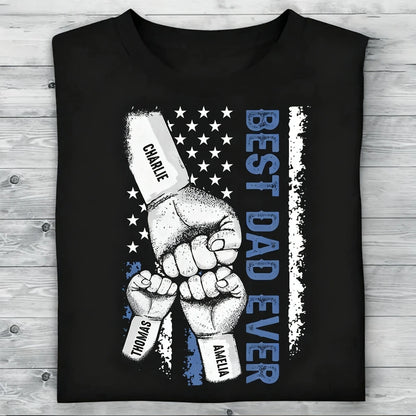 Personalized Classic Tee with Dad & Kids Fist Bump, Flag Style, Unique Gift for Dad