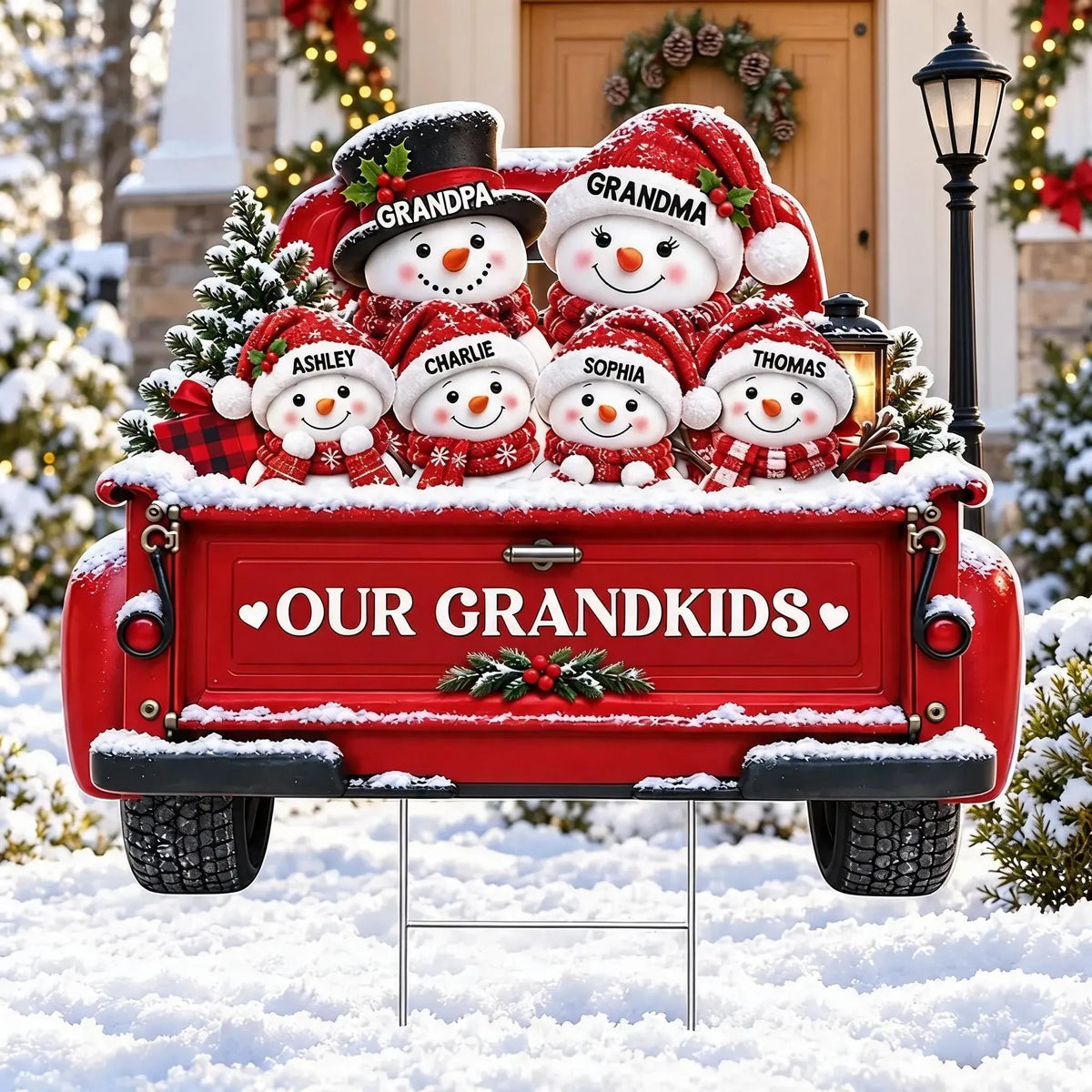 Personalized Shaped Yard Sign, Snowman Family Riding a Red Truck, Unique Christmas Gift for Grandparents