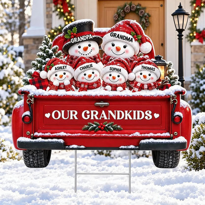 Personalized Shaped Yard Sign, Snowman Family Riding a Red Truck, Unique Christmas Gift for Grandparents
