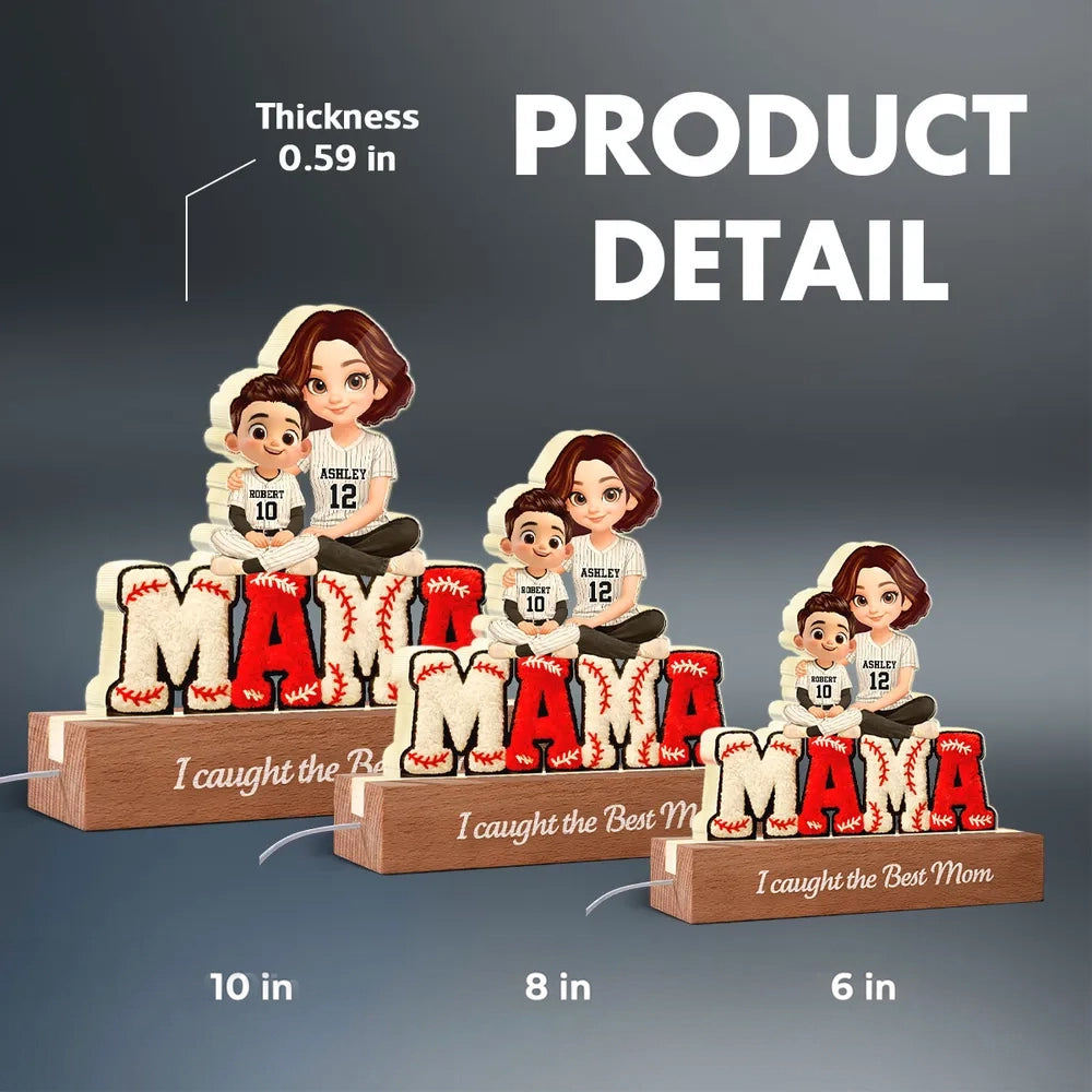 Block LED Light Plaque With Baseball Mama Hugging Kids, 'We Caught the Best Mom', Cozy Bedside Gift