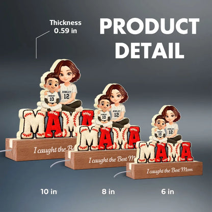 Block LED Light Plaque With Baseball Mama Hugging Kids, 'We Caught the Best Mom', Cozy Bedside Gift