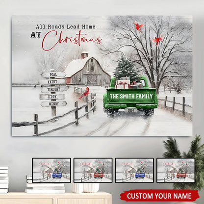 Personalized Snowy Country Christmas Family Name Canvas/Poster, Watercolor Barn & Evergreen Truck Modern Wall Art, Creative Holiday Gift