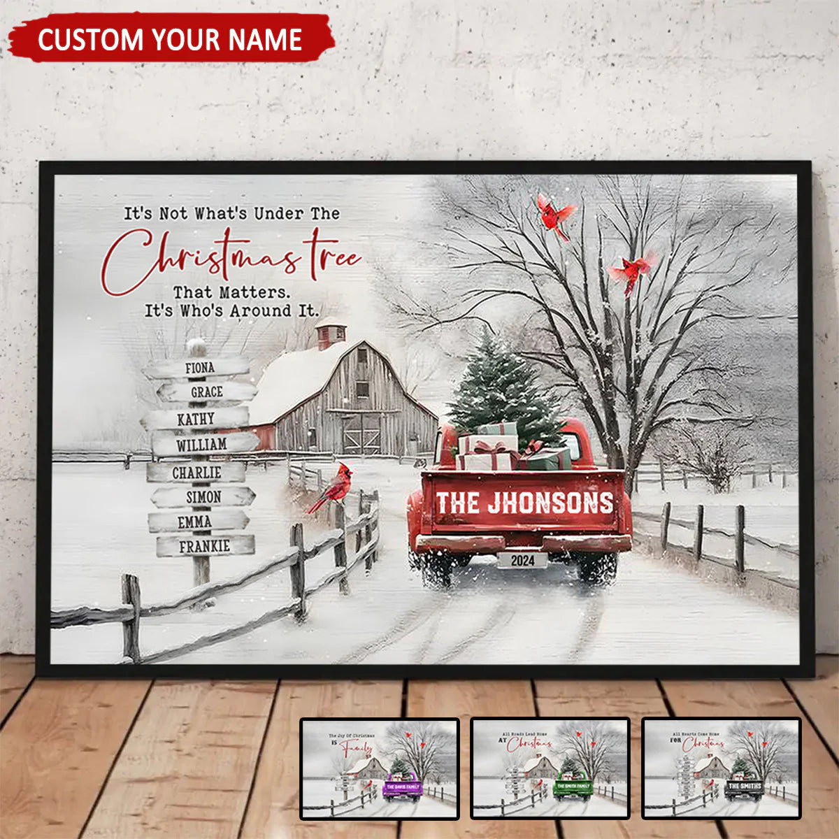 Personalized Snowy Country Christmas Family Name Canvas/Poster, Watercolor Barn & Evergreen Truck Modern Wall Art, Creative Holiday Gift