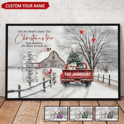 Personalized Snowy Country Christmas Family Name Canvas/Poster, Watercolor Barn & Evergreen Truck Modern Wall Art, Creative Holiday Gift