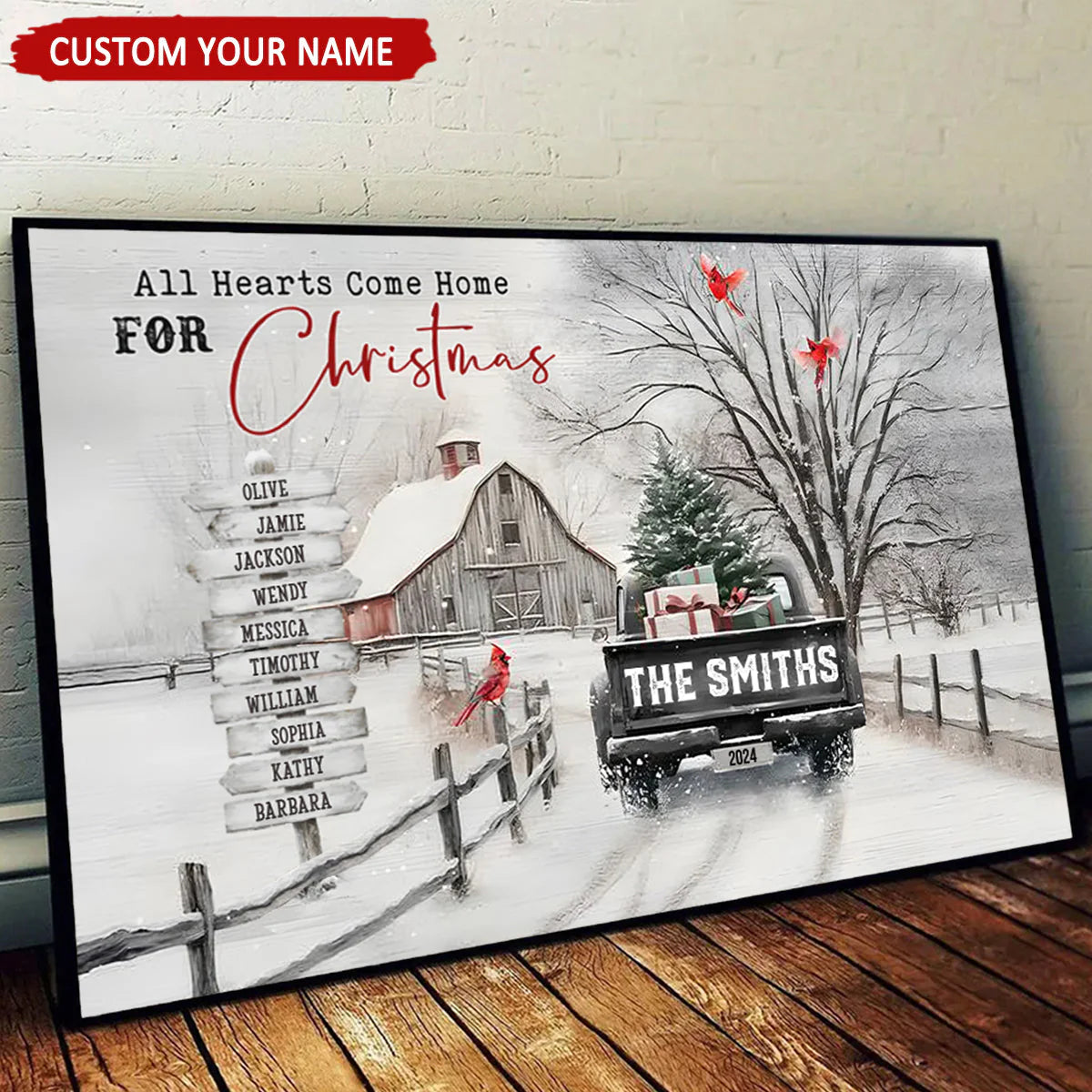 Personalized Snowy Country Christmas Family Name Canvas/Poster, Watercolor Barn & Evergreen Truck Modern Wall Art, Creative Holiday Gift