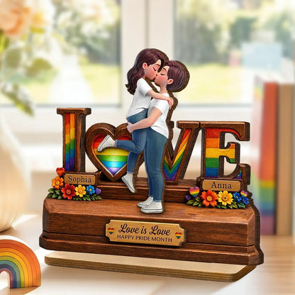 Personalized 2-Layer Wooden Plaque, Kissing LGBTQ Couple Rainbow Love is Love, Unique Gift for Partner