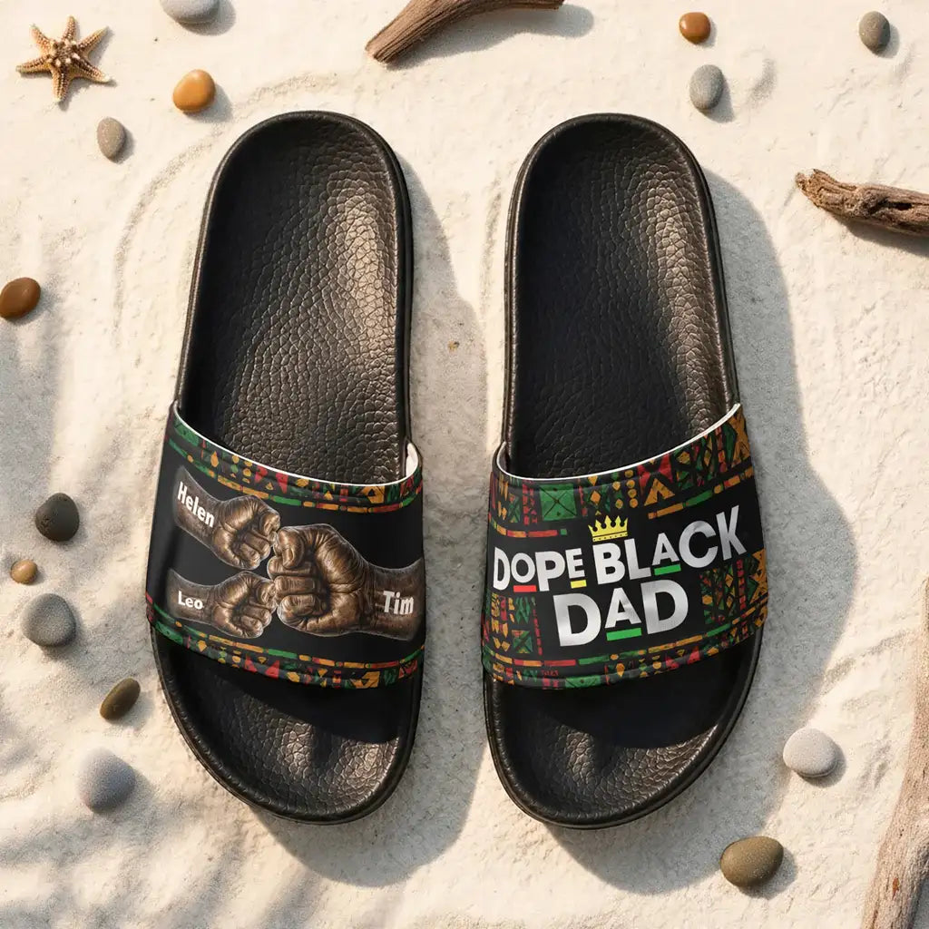 Personalized Men's Slide Sandals, Dope Black Dad Fist Bump Design, Unique Father's Day Gift for Dad