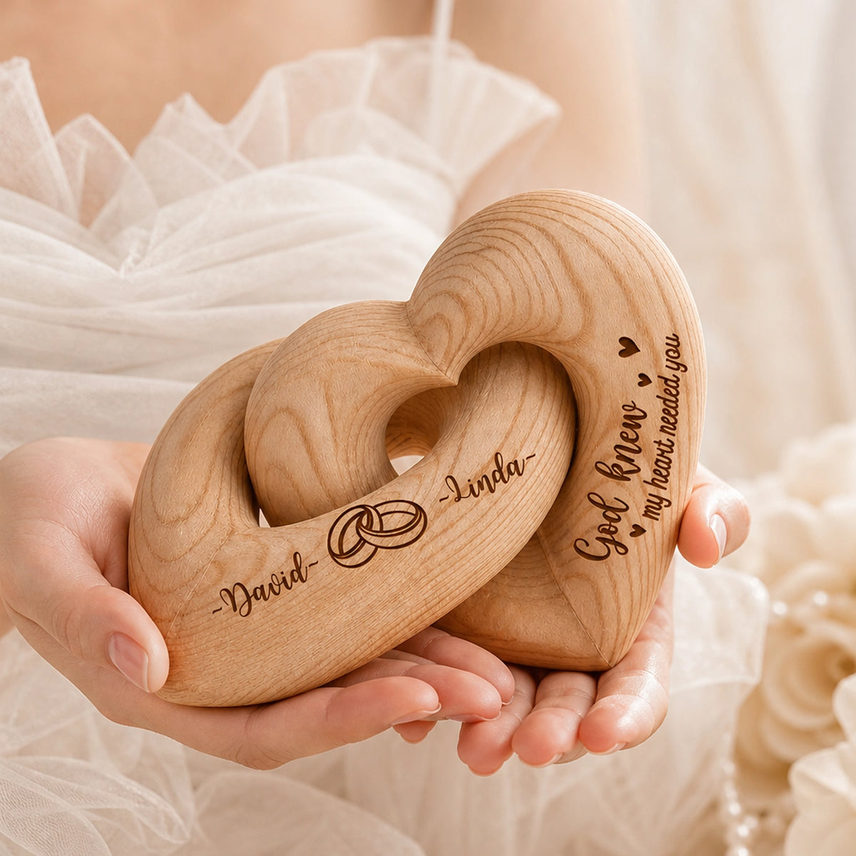 Engraved Infinity Heart Sculpture, Personalized Couple Keepsake with Rings, Unique Gift for Wife or Husband