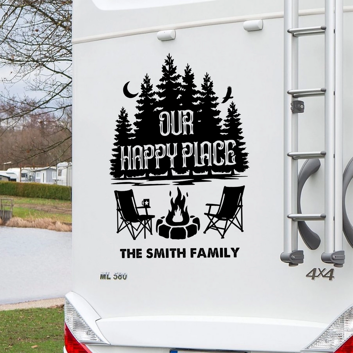 Personalized Sticker Decal, Our Happy Place RV Campfire Design, Unique Gift for Campers & Family