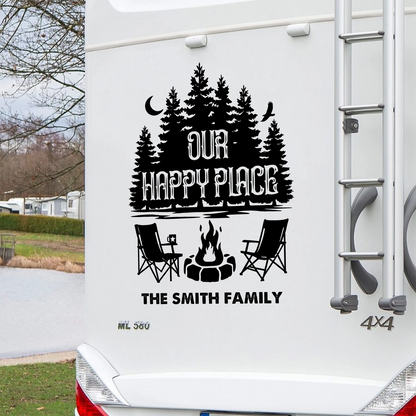 Personalized Sticker Decal, Our Happy Place RV Campfire Design, Unique Gift for Campers & Family