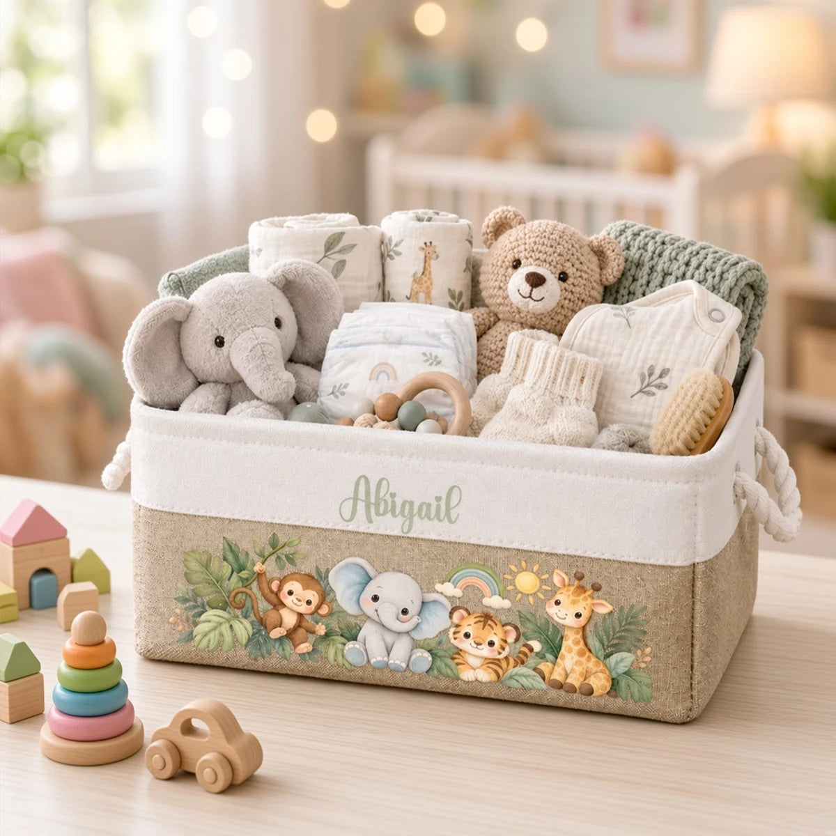 Personalized Cotton Linen Rope Basket with Watercolor Jungle Animals for Nursery Storage, Unique Baby Gift