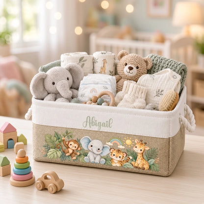 Personalized Cotton Linen Rope Basket with Watercolor Jungle Animals for Nursery Storage, Unique Baby Gift