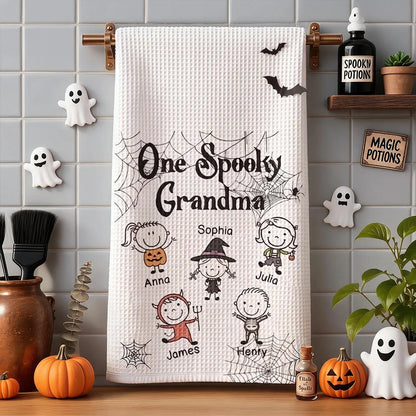 Personalized Kitchen Towel with Spooky Grandma and Costume Doodles, Halloween Decor, Unique Gift for Grandma
