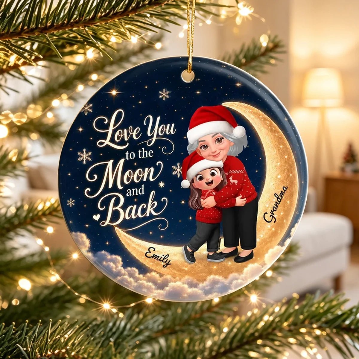 Personalized Ceramic Ornament, Hugging Grandma and Granddaughter on a Navy and Gold Moon, Unique Christmas Gift
