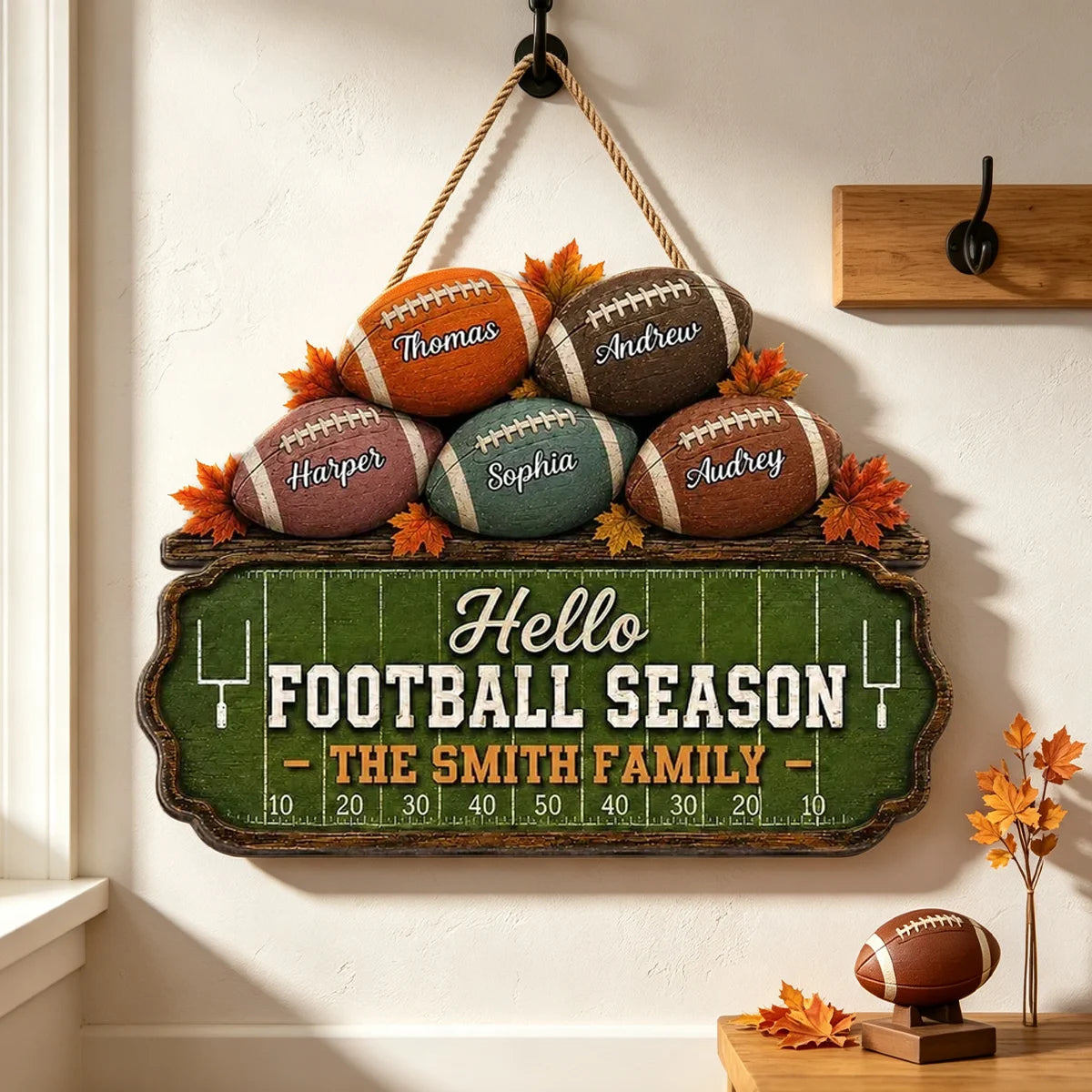 Personalized Wooden Sign, Rustic Football Family Decor with Autumn Leaves, Unique Gift for Sports Fans