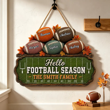 Personalized Wooden Sign, Rustic Football Family Decor with Autumn Leaves, Unique Gift for Sports Fans