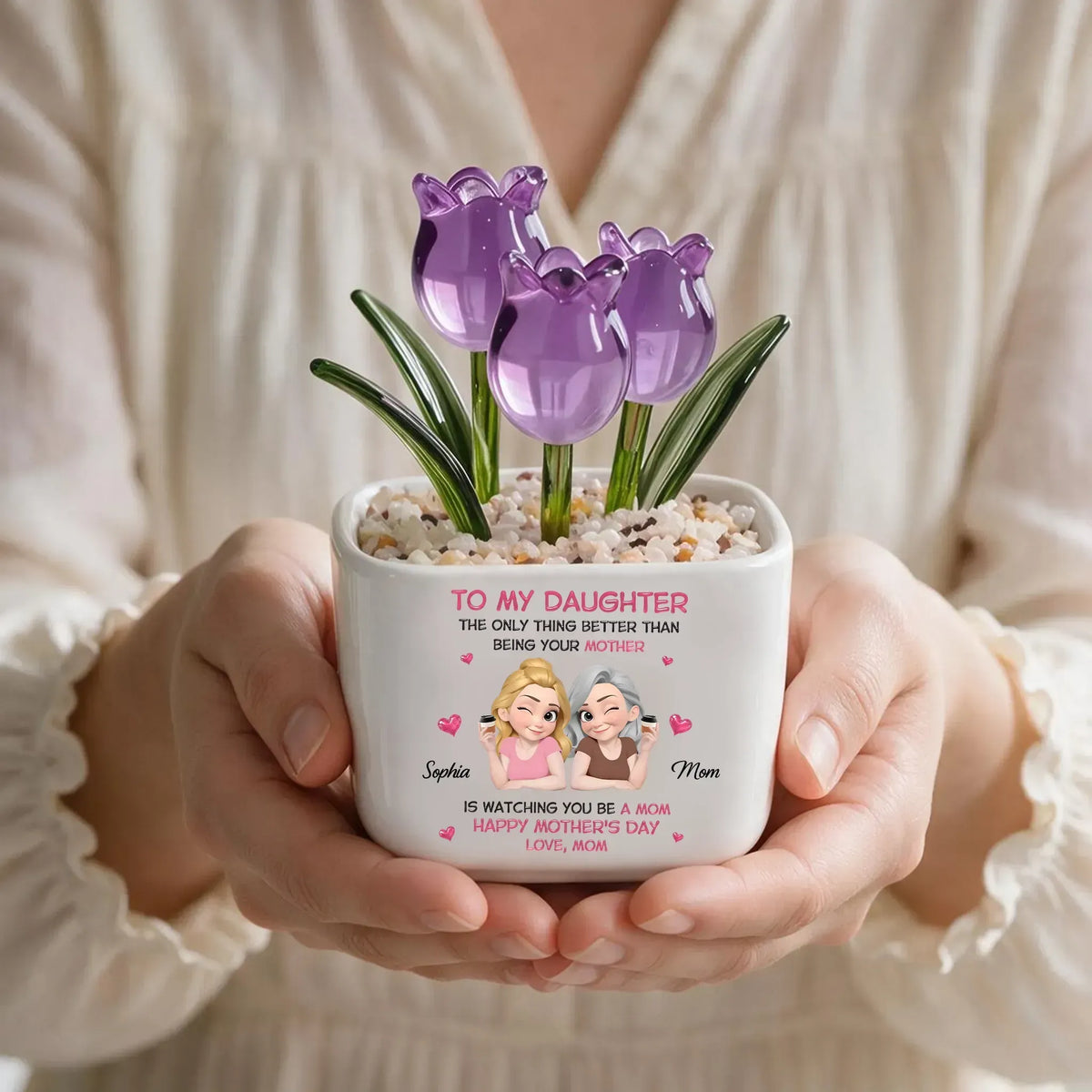 Personalized Square Glass Planter with Purple Tulips, Unique Creative Gift for Daughter From Mom
