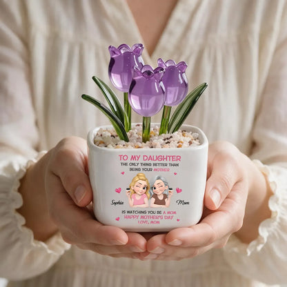 Personalized Square Glass Planter with Purple Tulips, Unique Creative Gift for Daughter From Mom
