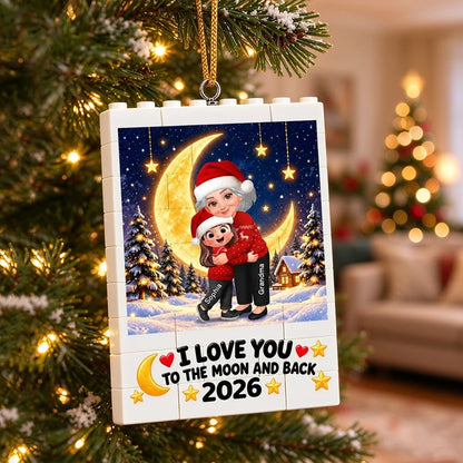 Personalized Building Block Ornament, Grandma Hugging Granddaughter Under a Moon, Unique Christmas Gift for Grandma