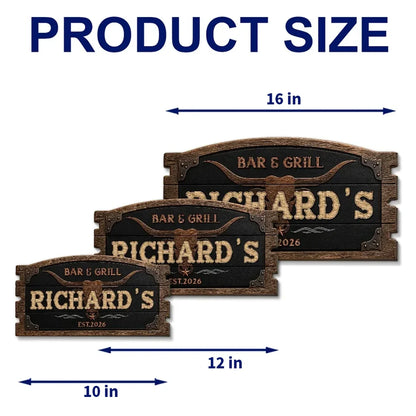Personalized Rustic Longhorn Wooden Sign, Bar & Grill Decor, Unique Gift for Home Cooks