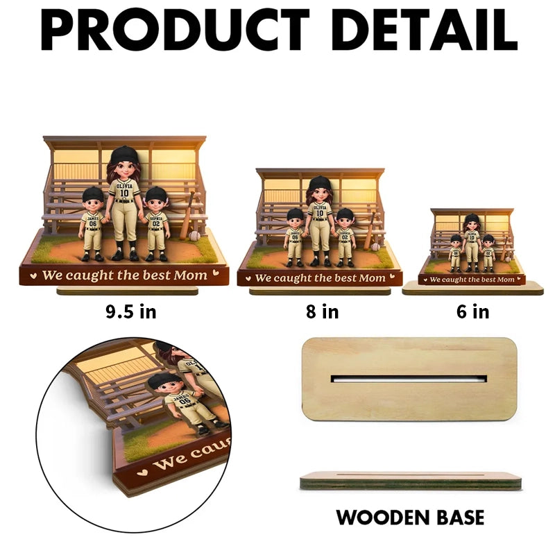 Personalized 2-Layer Wooden Plaque Baseball Bleachers Mom Holding Kids' Hands We Caught The Best Mom Unique Gift