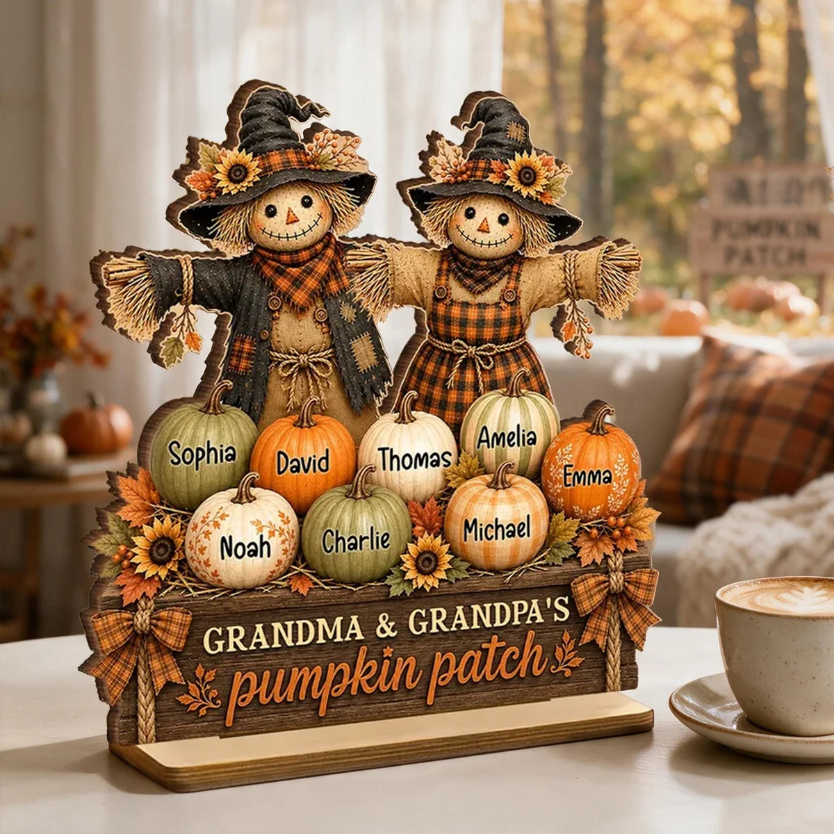 Personalized 2-Layer Wooden Plaque, Grandparent Scarecrows Together in a Pumpkin Patch, Unique Family Gift
