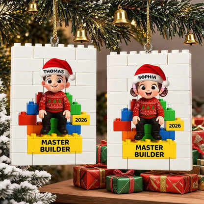Personalized Building Block Ornament, Sitting Child Master Builder Design, Unique Christmas Gift for Kids