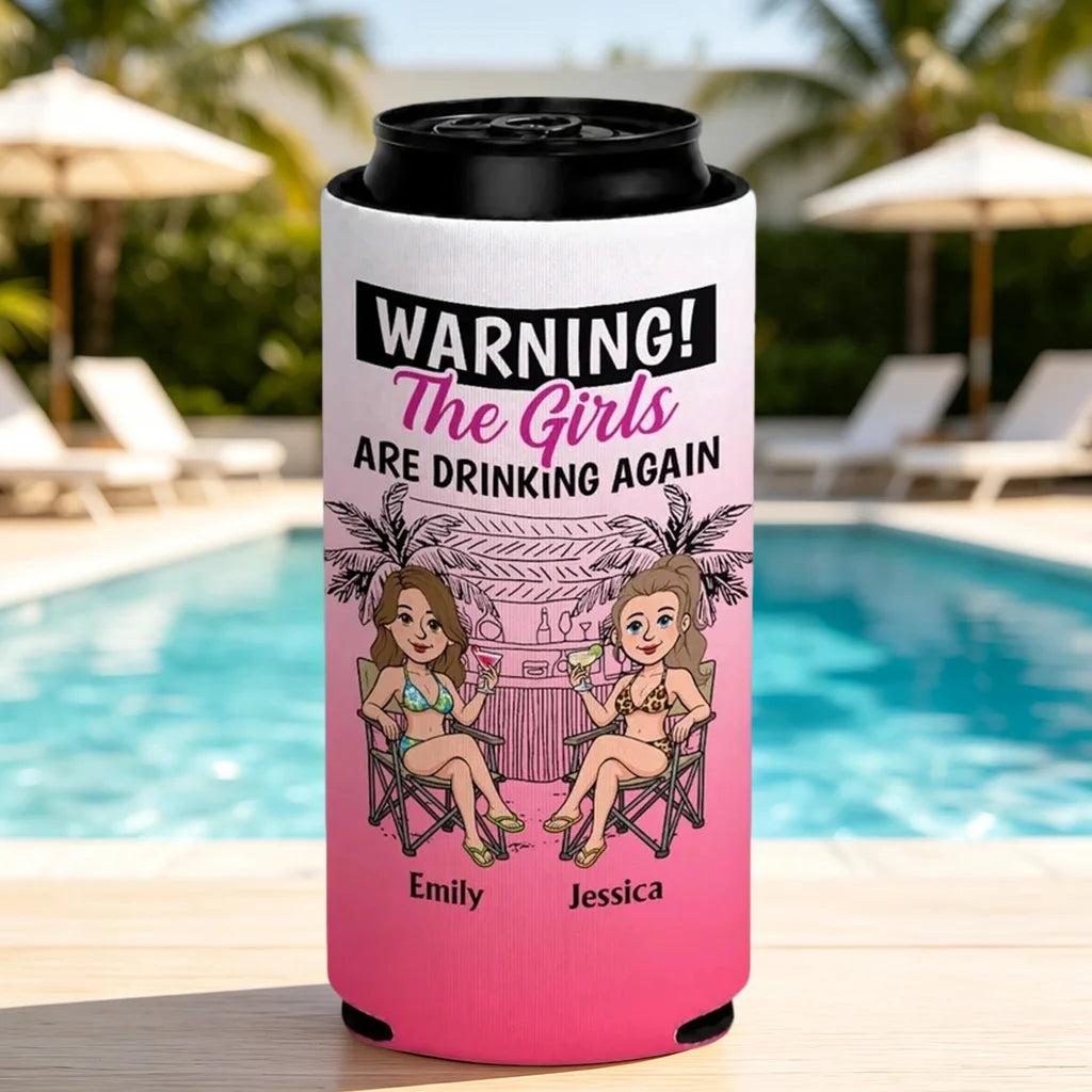 Neoprene Can Cooler with Pink Tropical Girls Party Art, Personalized Unique Creative Gift for Friend