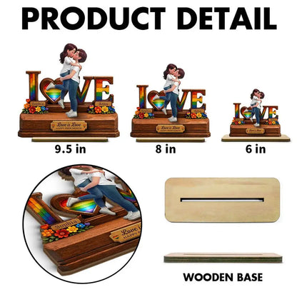 Personalized 2-Layer Wooden Plaque, Kissing LGBTQ Couple Rainbow Love is Love, Unique Gift for Partner