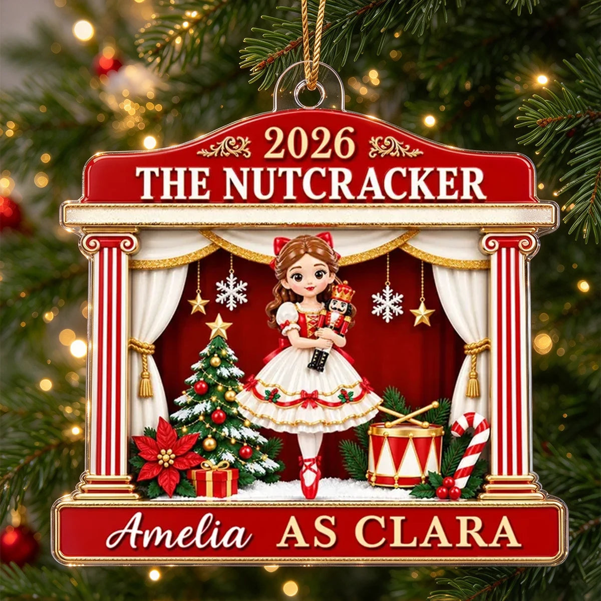 Personalized Acrylic Ornament, Red and Gold Nutcracker Ballerina on Stage, Unique Christmas Gift for Dancers