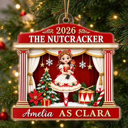 Personalized Acrylic Ornament, Red and Gold Nutcracker Ballerina on Stage, Unique Christmas Gift for Dancers