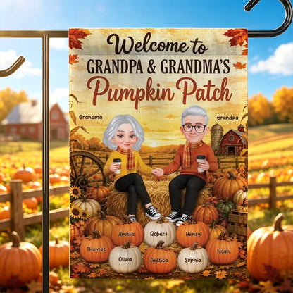 Grandparents Holding Hands in a Pumpkin Patch Garden Flag, Personalized Family Welcome, Creative Fall Gift