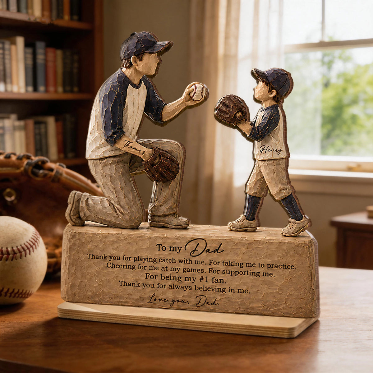 Personalized 2-Layer Wooden Plaque, Sunlit Baseball Dad & Child Catch Scene, Unique Gift for Dad