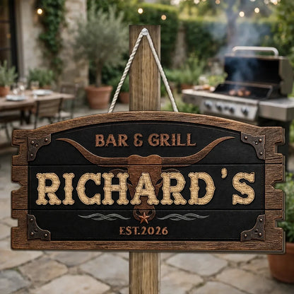 Personalized Rustic Longhorn Wooden Sign, Bar & Grill Decor, Unique Gift for Home Cooks