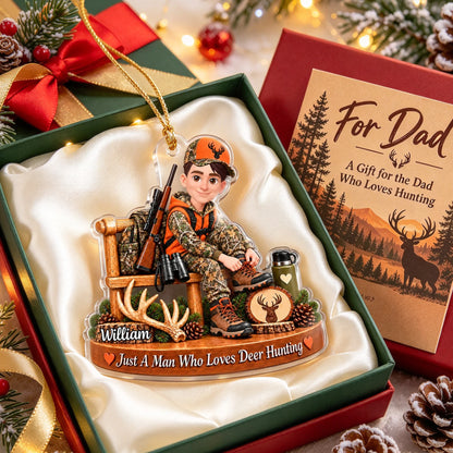 Personalized Acrylic Ornament, Custom Seated Deer Hunter Woodland Scene, Unique Christmas Gift for Dad