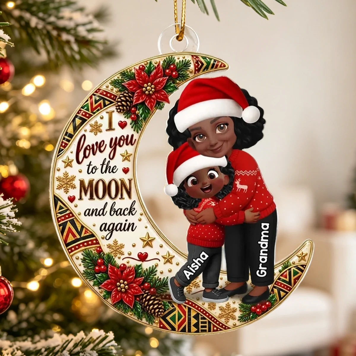 Personalized Acrylic Ornament, Red and Gold Christmas Moon with Hugging Grandma and Grandchild, Unique Gift for Grandma, Grandkids