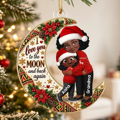 Personalized Acrylic Ornament, Red and Gold Christmas Moon with Hugging Grandma and Grandchild, Unique Gift for Grandma, Grandkids
