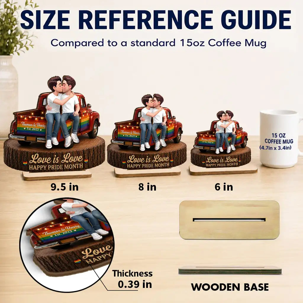2-Layer Wooden Plaque for Same-Sex Couple, Kissing Rainbow Truck Happy Pride Month Creative Gift